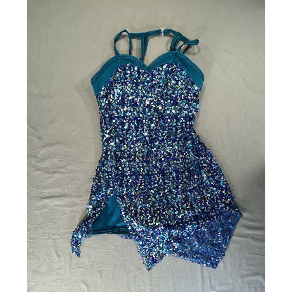 Curtain Call Blue Sequin Asysmetrical Hem Dance Costume Women's Adult Medium